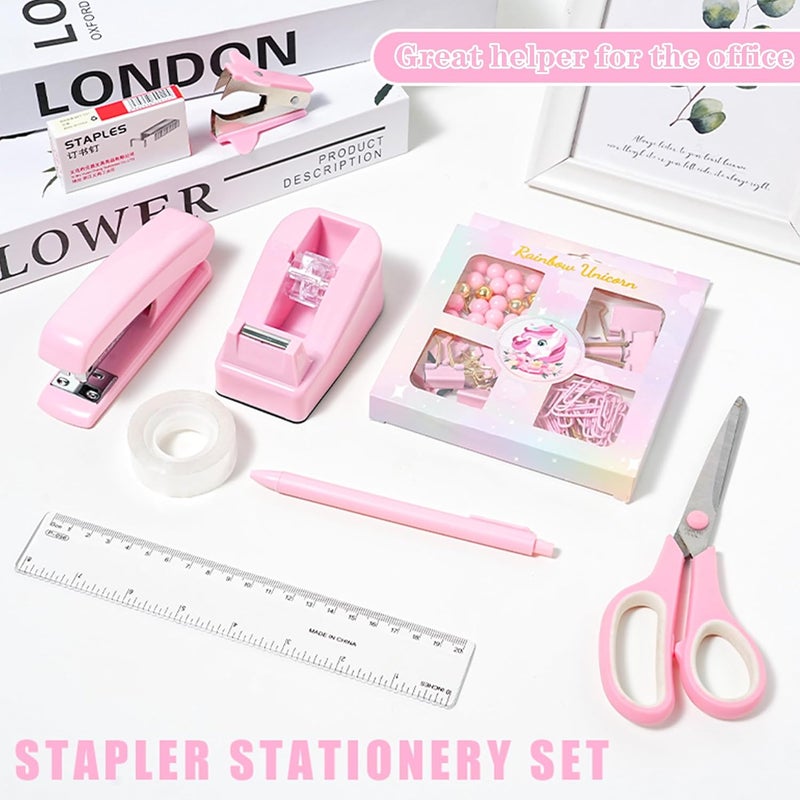 COMFYROOM Pink Desk Accessories with Pen Holder, Pink Office Supplies Desk Organizers and Accessories for women, Tape Dispenser, Stapler, Staple Remover, Staples, Clips Set, Ruler, Scissor, Pen, Tape - Image 2